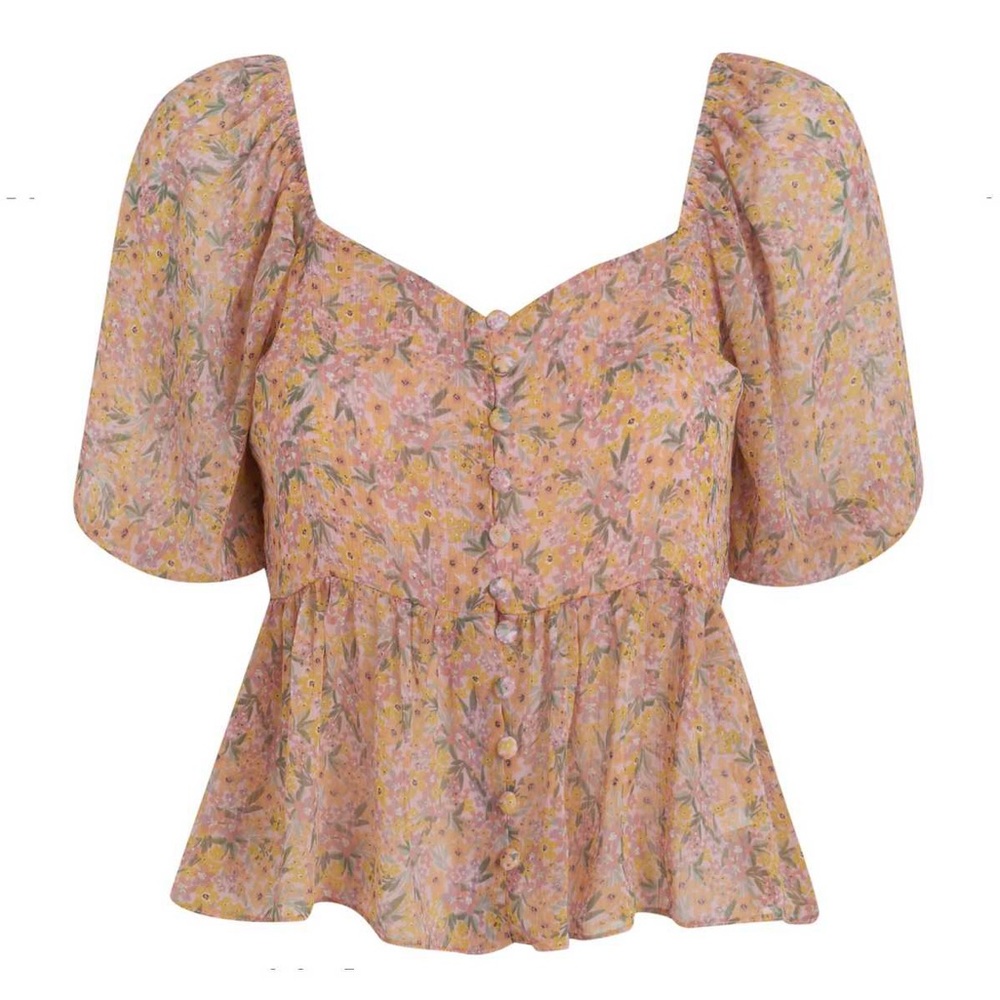 New Look Floral Chiffon Peplum Top Puff Sleeve Sweetheart Neck Boho Blouse S